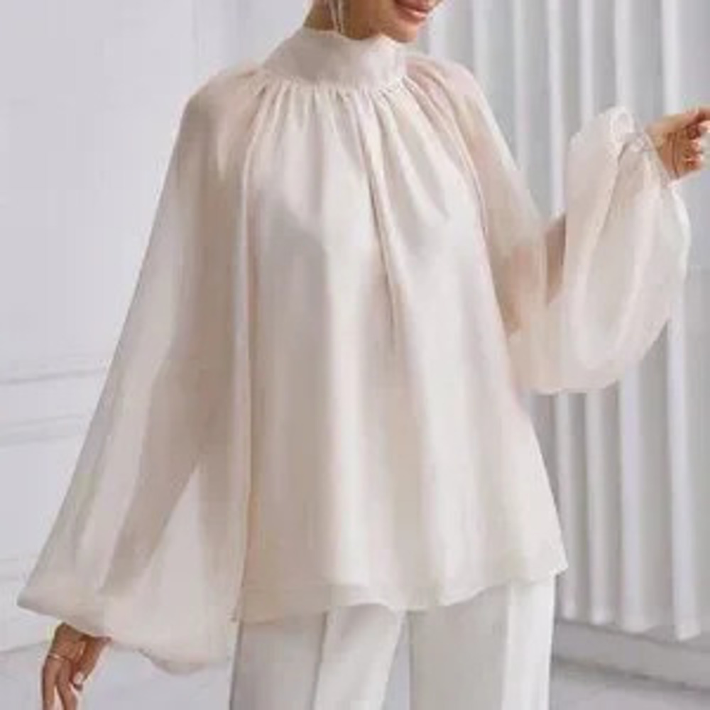 ZARA Apricot Casual Women's Solid Color Stand Collar Lantern Sleeve Shirt